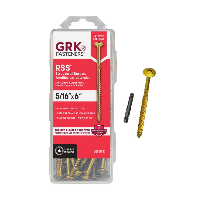 GRK Fasteners RSSâ„¢ 5/16 x 6 Inch, Structural Screws, 50 PCS, Rust Resistant Climatekâ„¢ Coating, Heavy-Duty Framing & Decking Screws, Fast Bite Tip, Star Drive Recess, T-30 Bit Included, Gold - Image 1